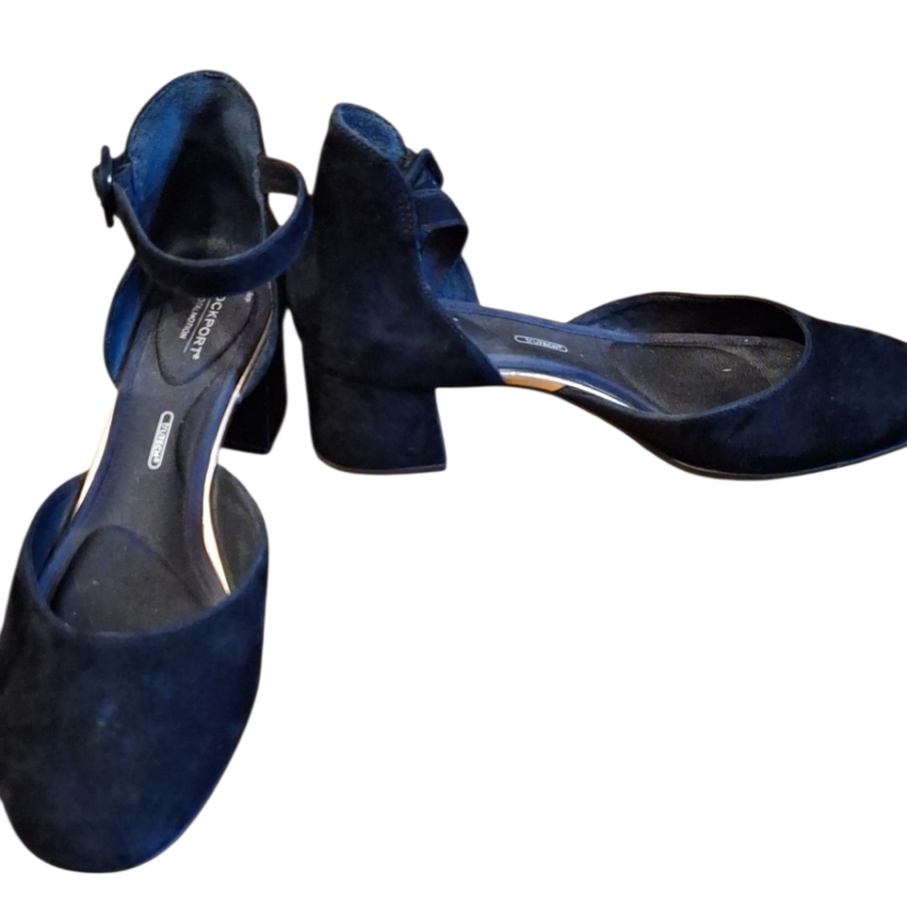 Rockport 9.5 M Tru Tech Total Motion Black Suede Ankle Strap Block Heel Pump